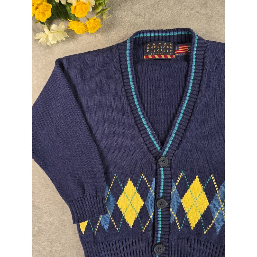 Vintage American Priority Navy Argyle Cotton Cardigan Sweater Youth S 4-5 Preppy